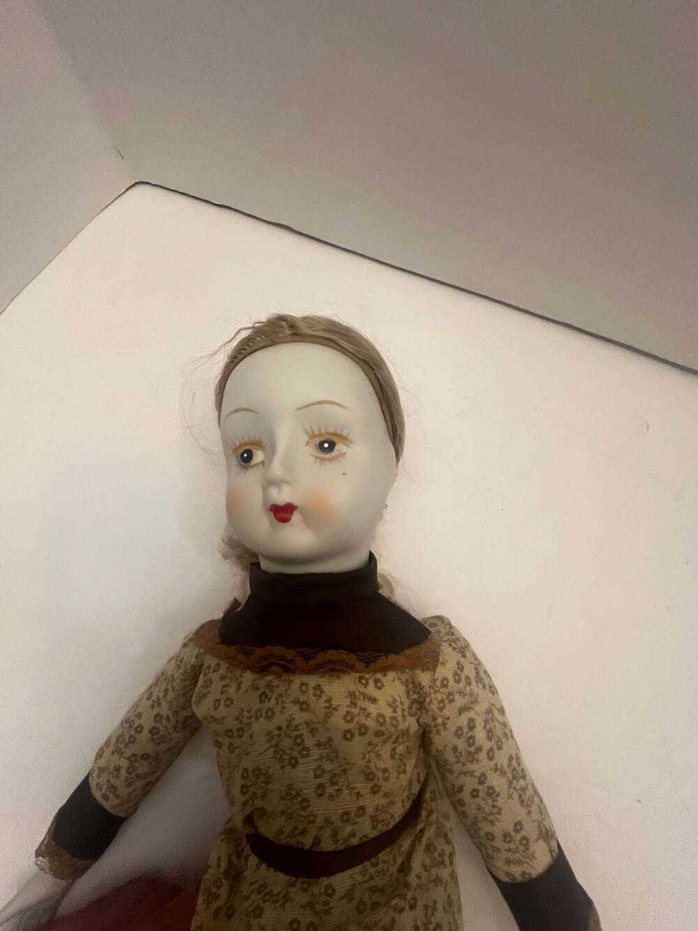 Vintage Porcelain Doll Bisque Head Blonde Hair Brown Floral Dress